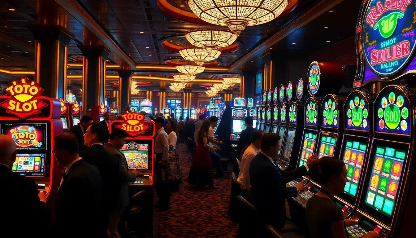 Pemain yang bersemangat menikmati mesin slot toto di kasino yang ramai.