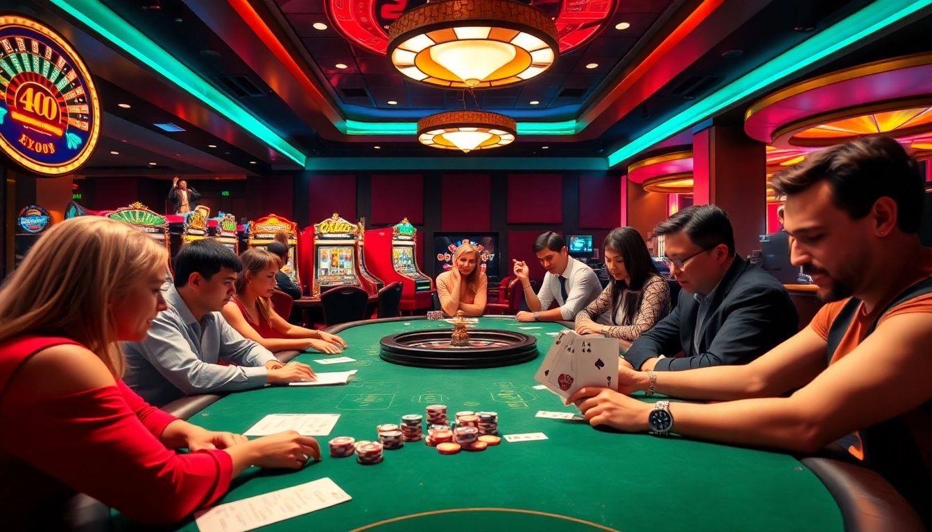 Players engaging in a thrilling poker game at EV88 casino, surrounded by vibrant slot machines and roulette wheels.