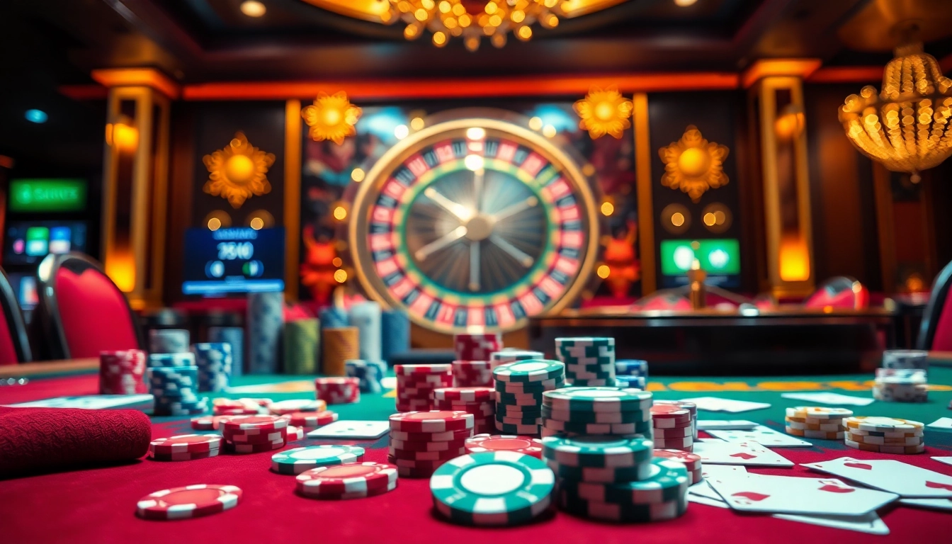 Engage in thrilling gameplay at 55666 bong88's vibrant casino filled with poker chips and roulette wheels.