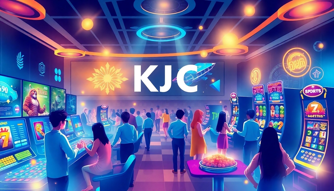 KJC online entertainment platform with vibrant casino games and players engaged in action.