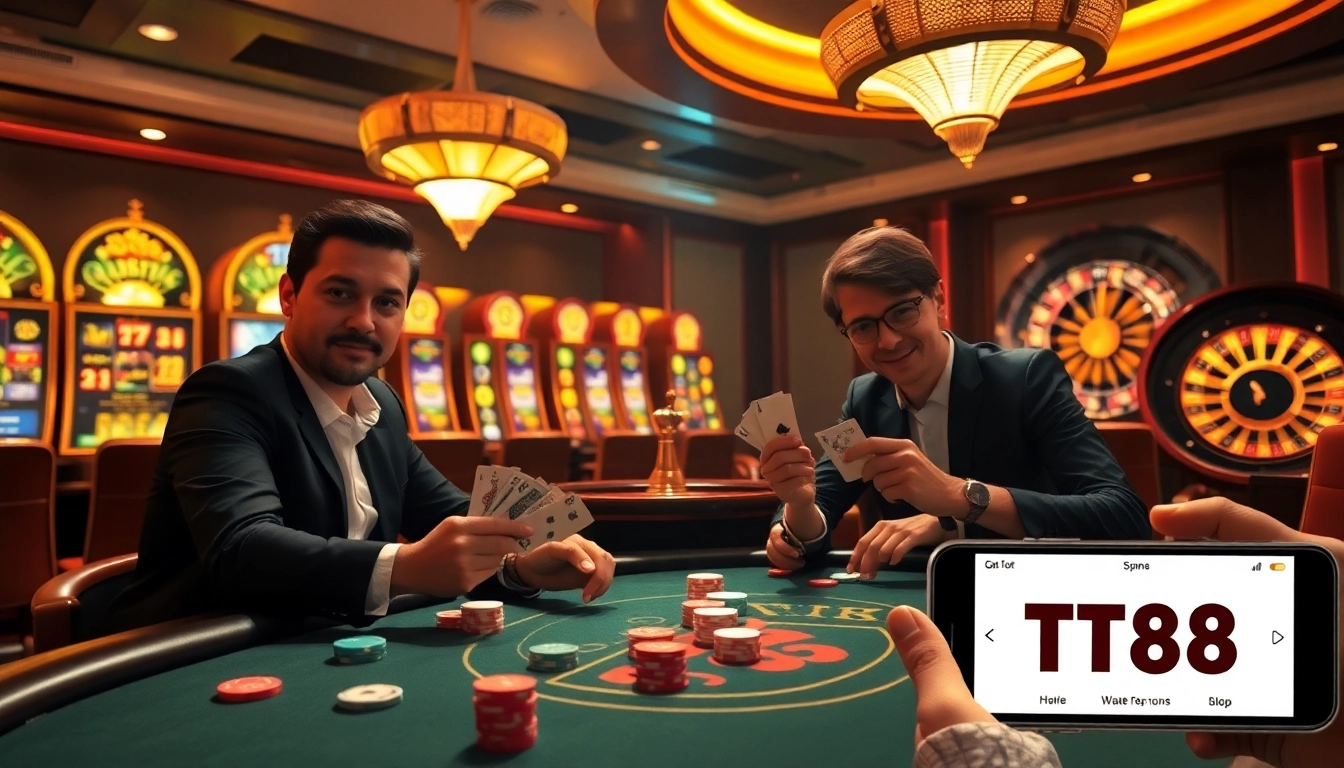 Playing high-stakes poker at TT88 casino under golden lighting with vibrant slot machines.