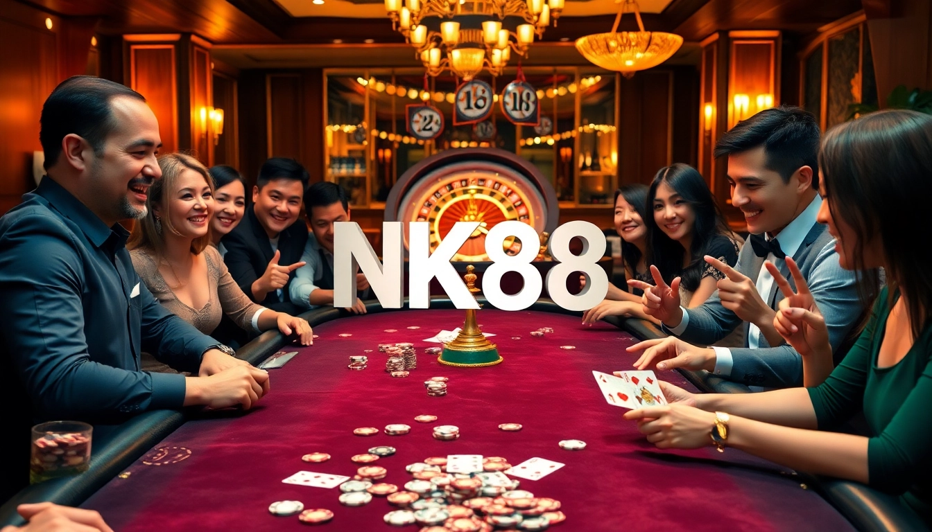 Players engaging in a high-stakes poker game at NK88 casino, showcasing excitement and strategy.