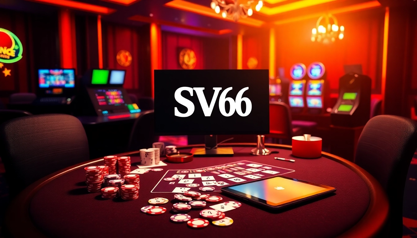 SV66 online casino setup featuring poker chips, cards, and a roulette wheel.