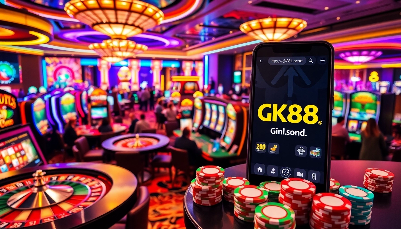 Engaging casino atmosphere at https://gk88.bond/ showcasing vibrant slots, excited players, and modern gaming.