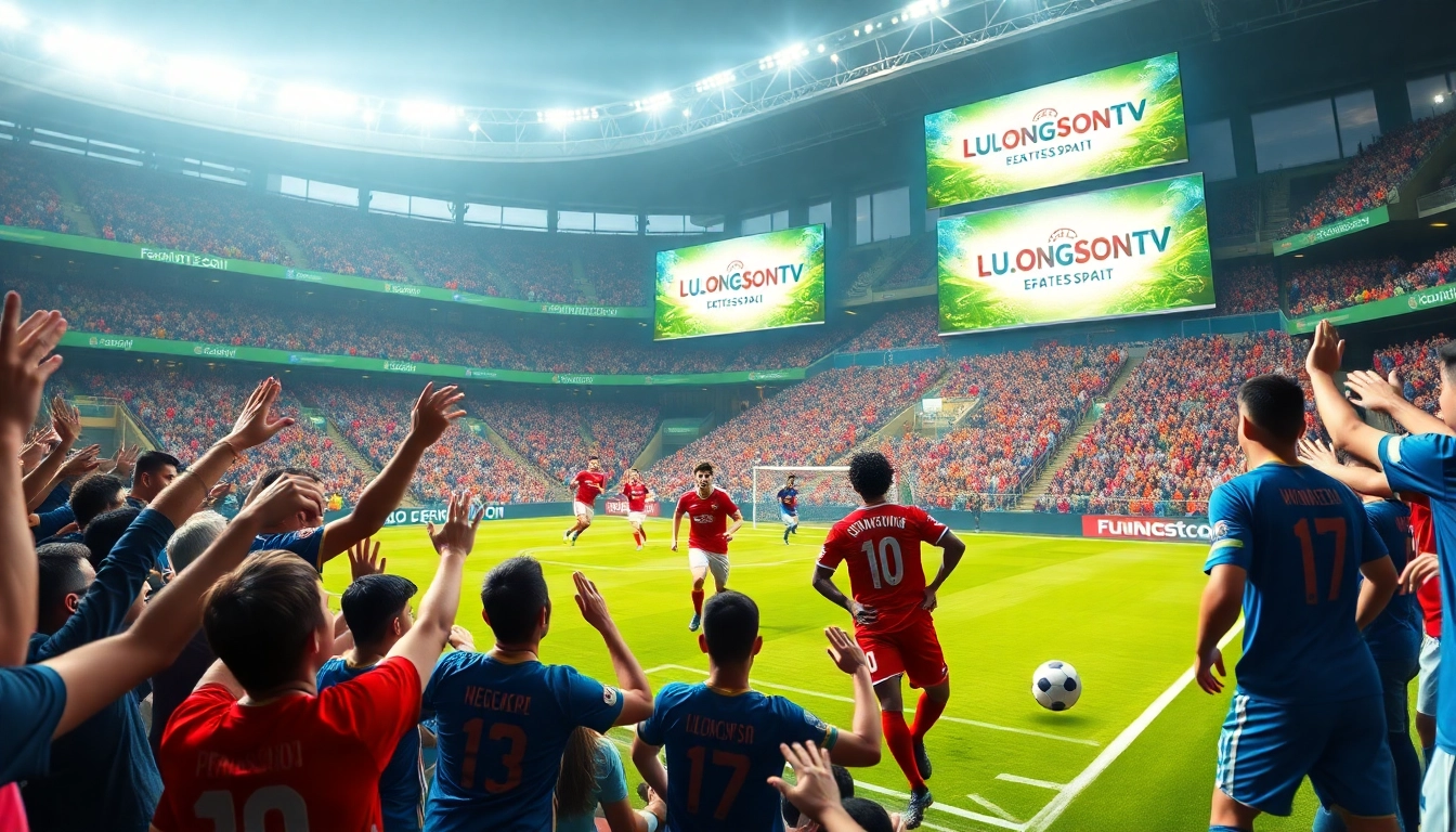 Exciting football match scene with fans celebrating on Luongsontv platform