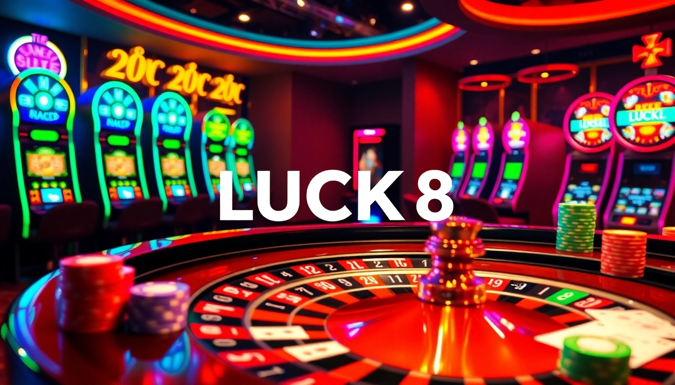 Experience the thrilling atmosphere of LUCK8 with a luxurious casino scene featuring roulette and vibrant slot machines.