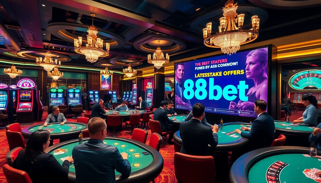 Exciting casino atmosphere featuring professionals at 88bet gaming tables and vibrant slot machines.