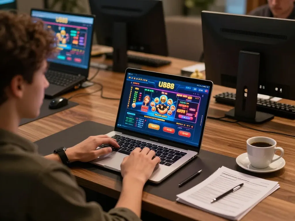 Engaged player strategizing bets on U888 online casino platform from a cozy home office