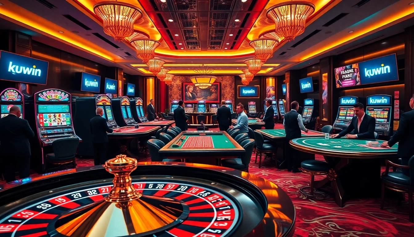 Experience the thrill of gaming at kuwin's luxurious casino, featuring poker tables and vibrant slot machines.