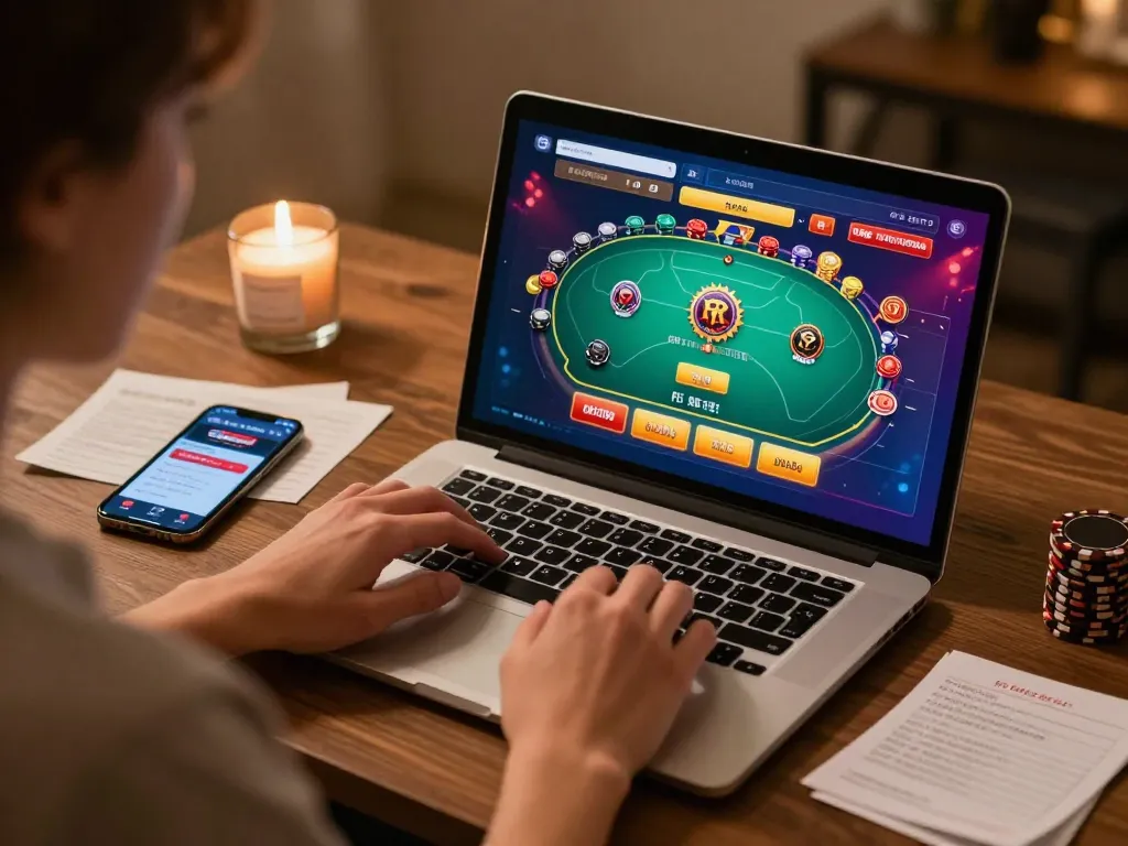 Engaging scene of a user playing on the OK8386 online casino app, showcasing modern gaming setup.