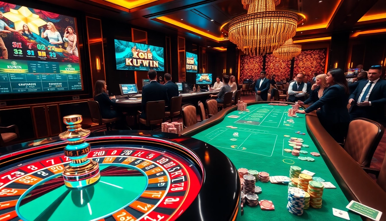 Engage in thrilling games at KUWIN's vibrant casino featuring tables and exciting betting interactions.