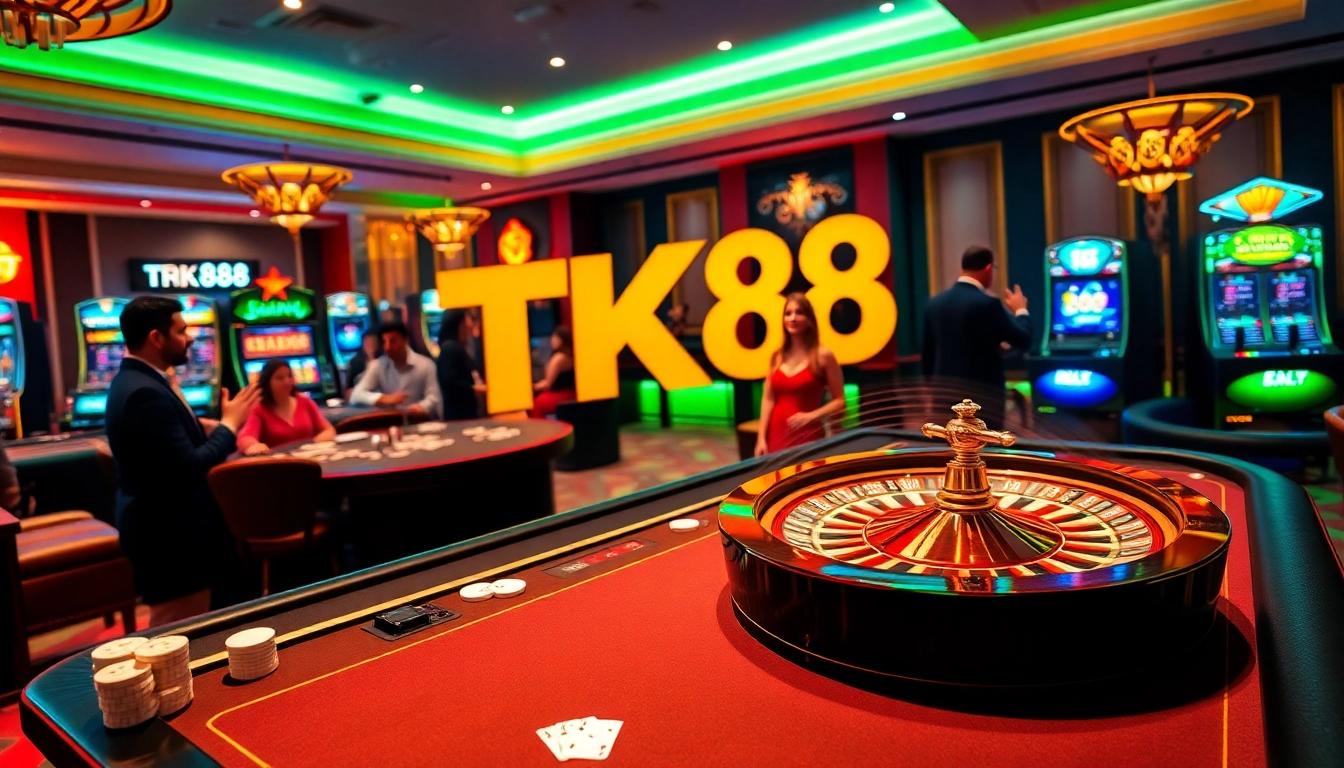 Experience the thrill of discovery with TK88 in a vibrant casino setting featuring poker chips and roulette.