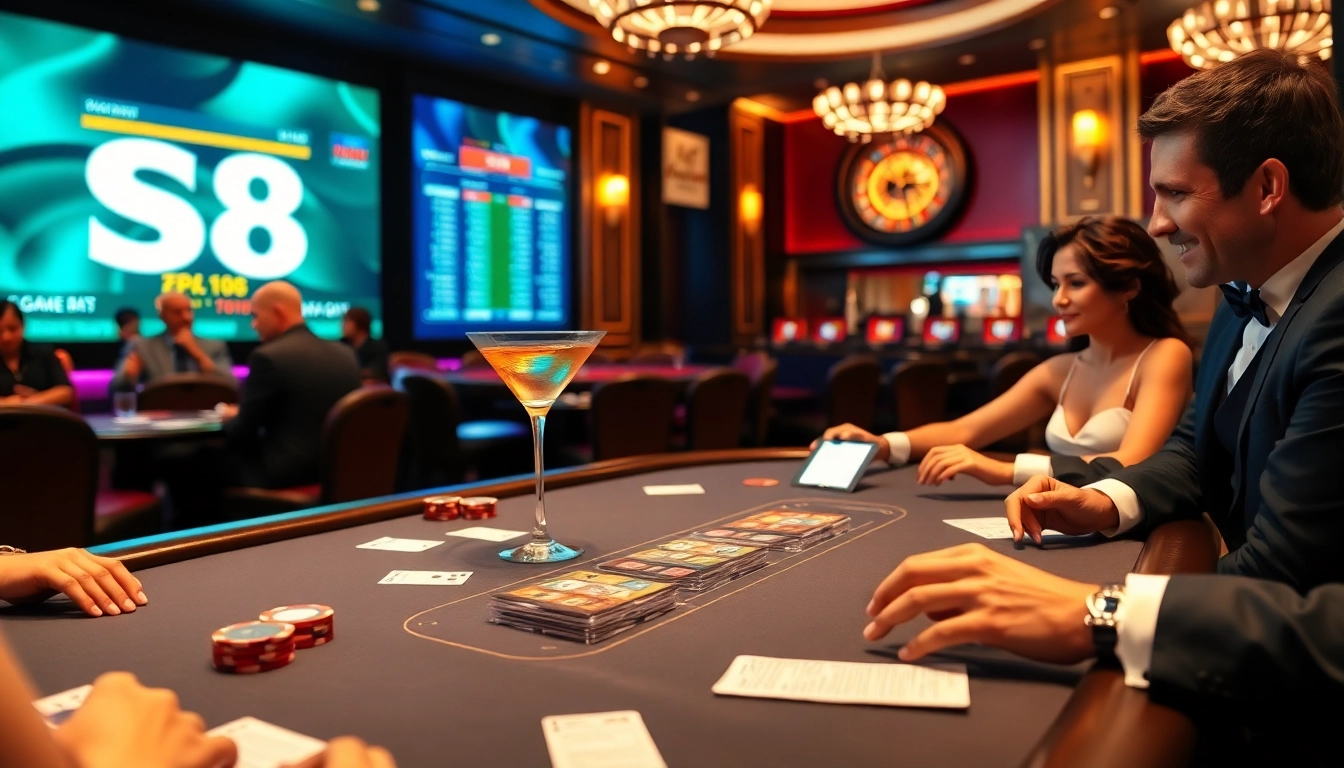Engaging poker players enjoy the excitement at the casino with S8 betting monitors.