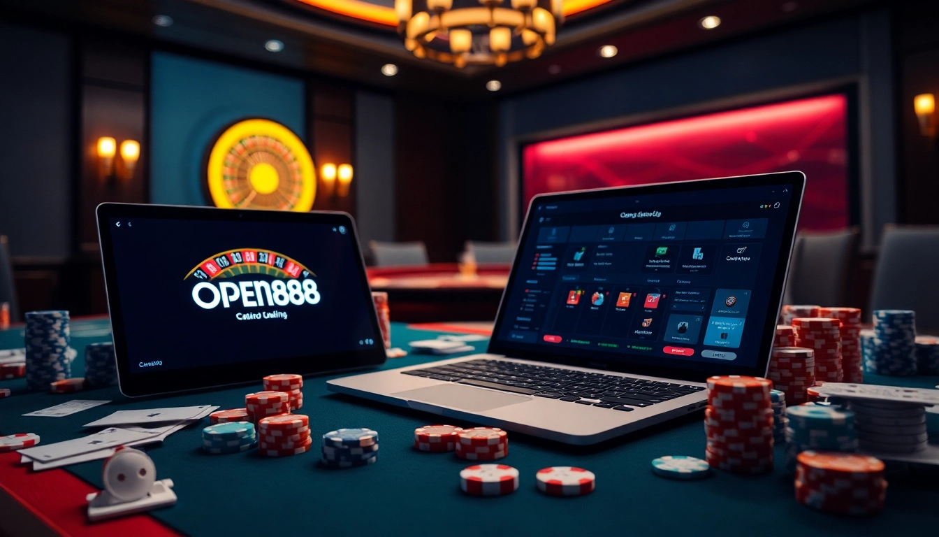 Experience the excitement of OPEN88 with vibrant casino elements and online gaming atmosphere.
