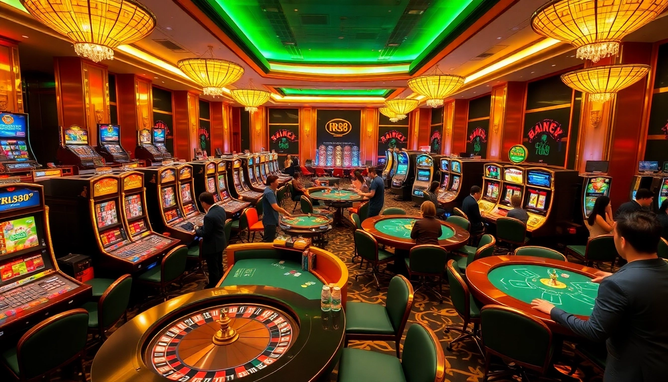 Players enjoying the thrilling services at RR88 casino with vibrant gaming tables and slot machines.