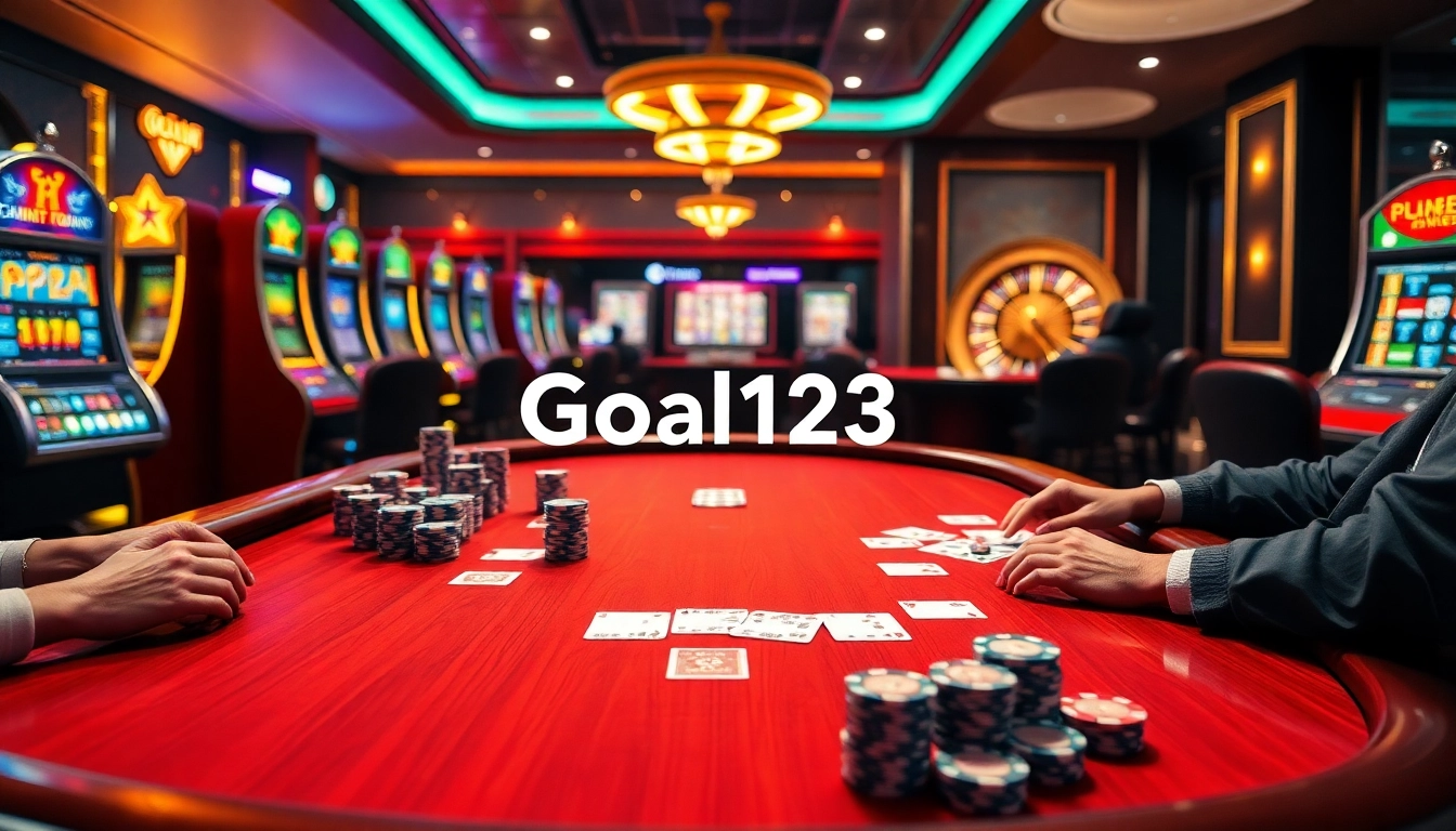 Players engaging in high-stakes poker at Goal123's luxurious online casino platform.