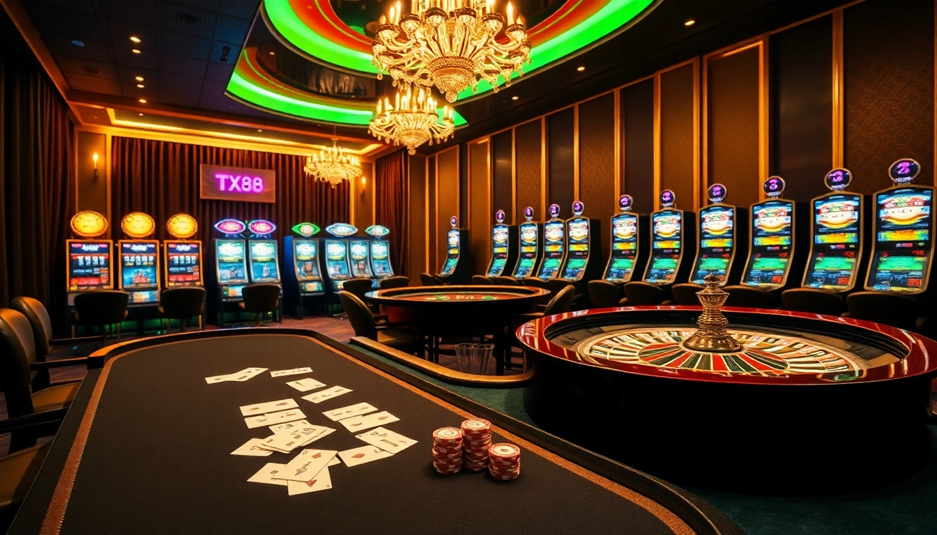 Experience the thrill of gaming at tx88 with luxurious poker tables and vibrant casino décor.