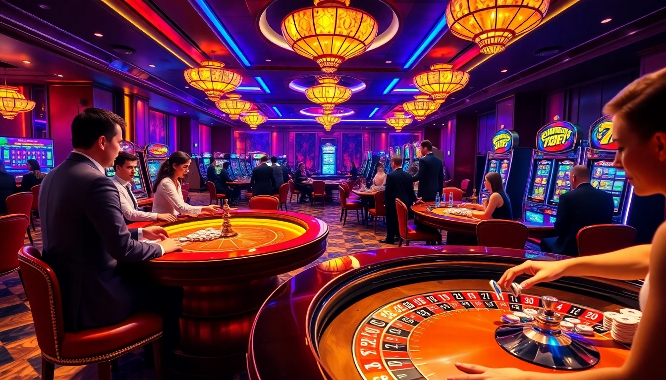 Exciting casino atmosphere at 789P featuring engaged players at tables and vibrant slot machines.