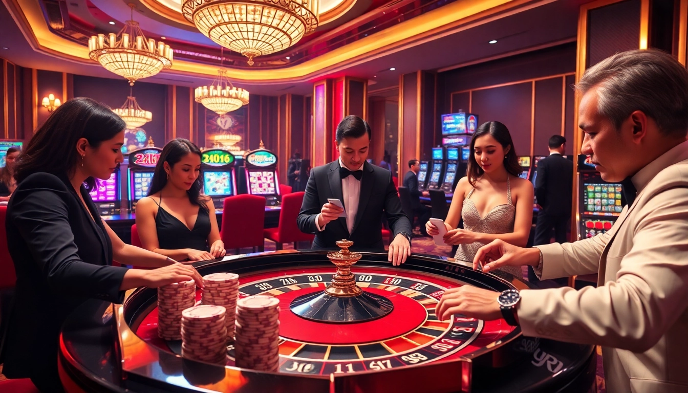 Players enjoy high-stakes gambling at RR88's luxurious casino, showcasing roulette and poker action.