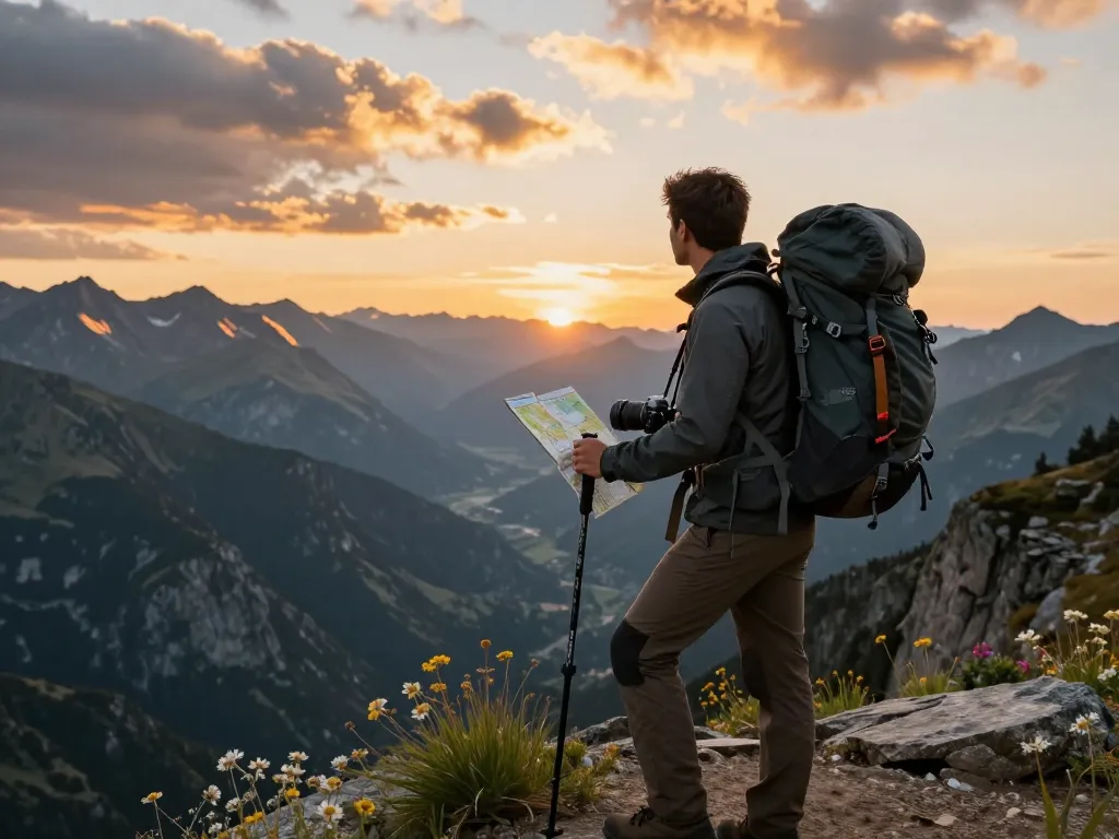 Traveler at cliff edge during golden hour, showcasing Fly88 gear and breathtaking mountain views.