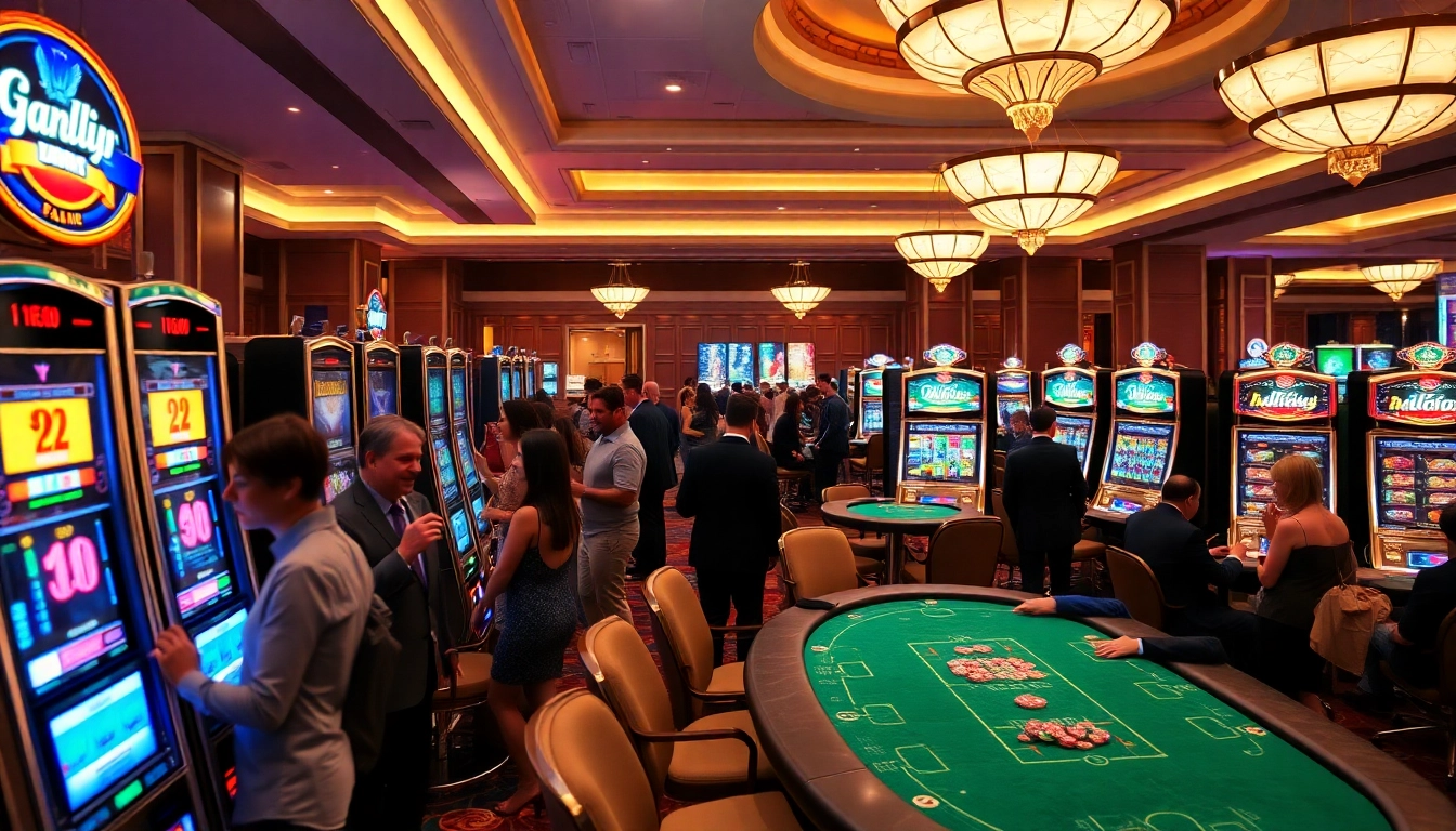 Players enjoy vibrant slot machines in a luxurious casino atmosphere.