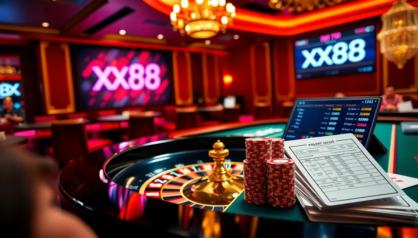 Experience the excitement of xx88 with poker chips and a vibrant roulette table in a luxurious casino.