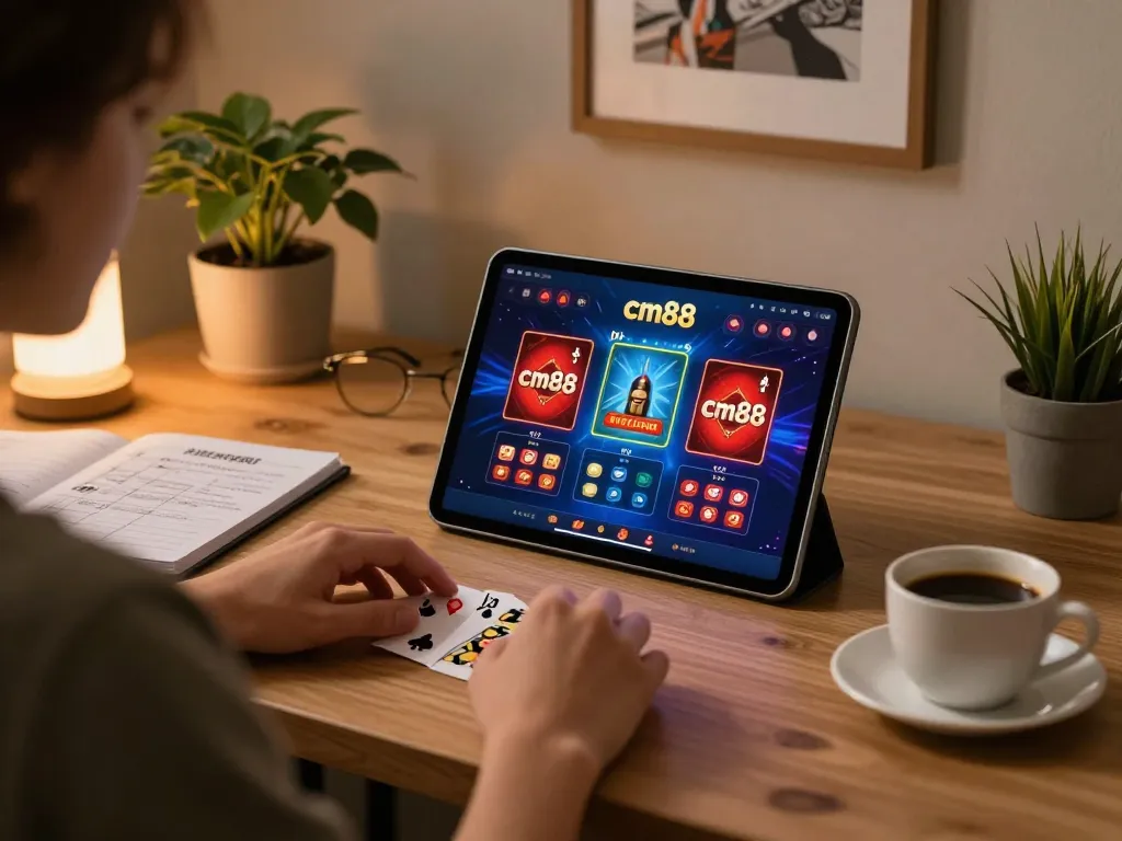 Person enjoying cm88's online gaming with a tablet, showcasing strategic notes in a cozy atmosphere.