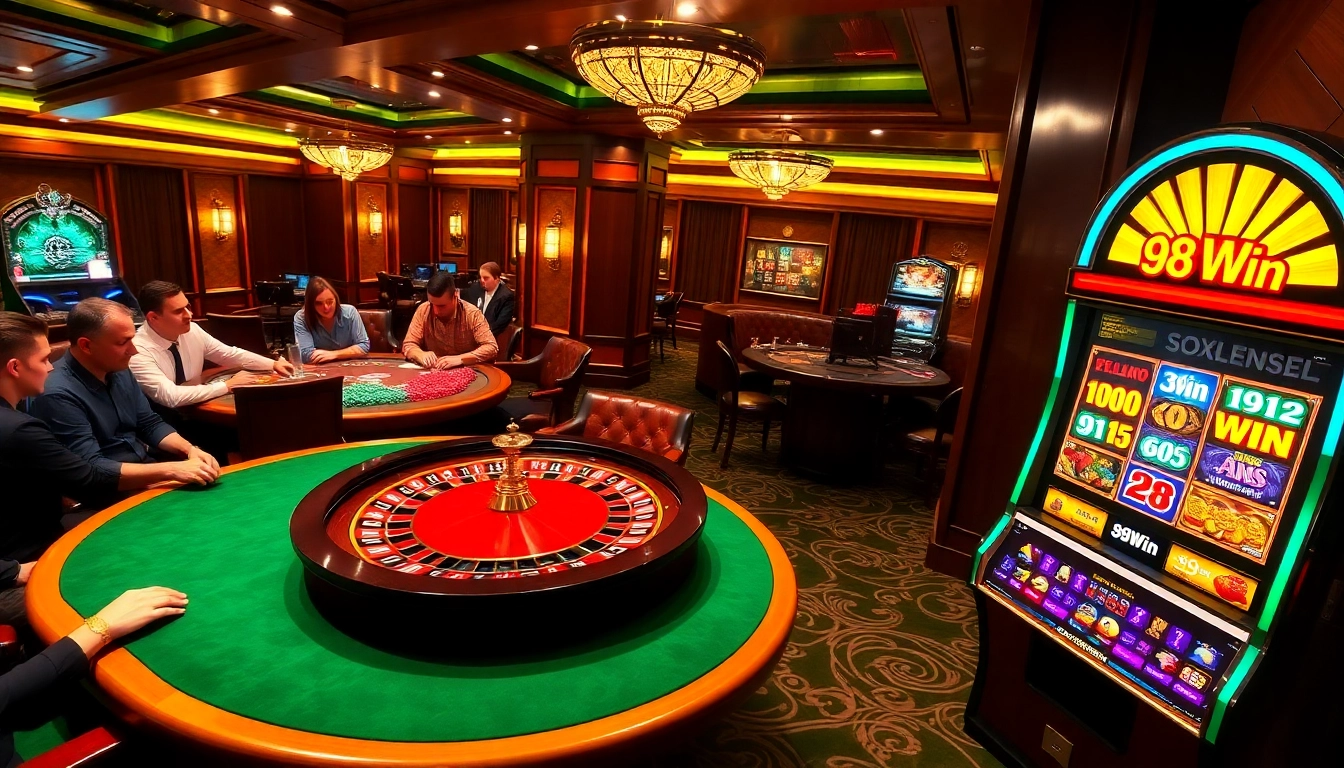 Experience thrilling gambling action at 98Win's luxurious casino scene, featuring poker and roulette.