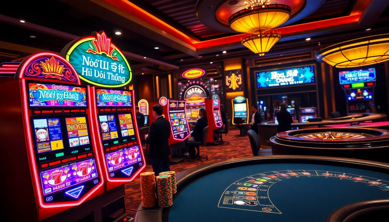 Nổ Hũ Đổi Thưởng with players celebrating wins at vibrant slot machines, luxuriously decorated casino.