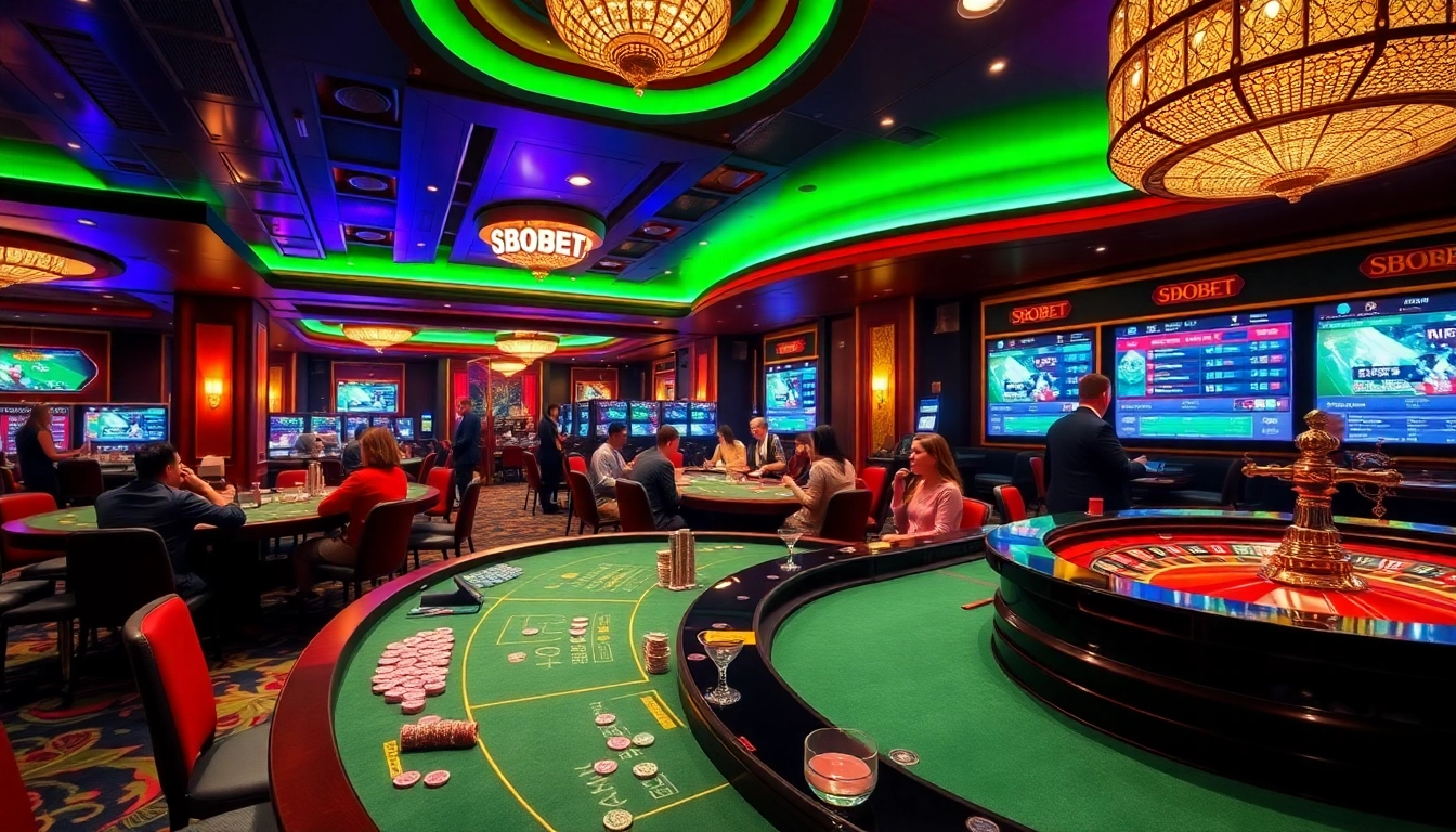 SBOBET's vibrant sports betting area with gamblers, casino tables, and roulette wheels showcasing thrilling action.