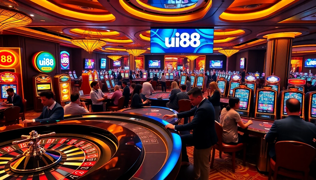 Experience the thrill of uu88 in a vibrant casino environment filled with gamers and slot machines.
