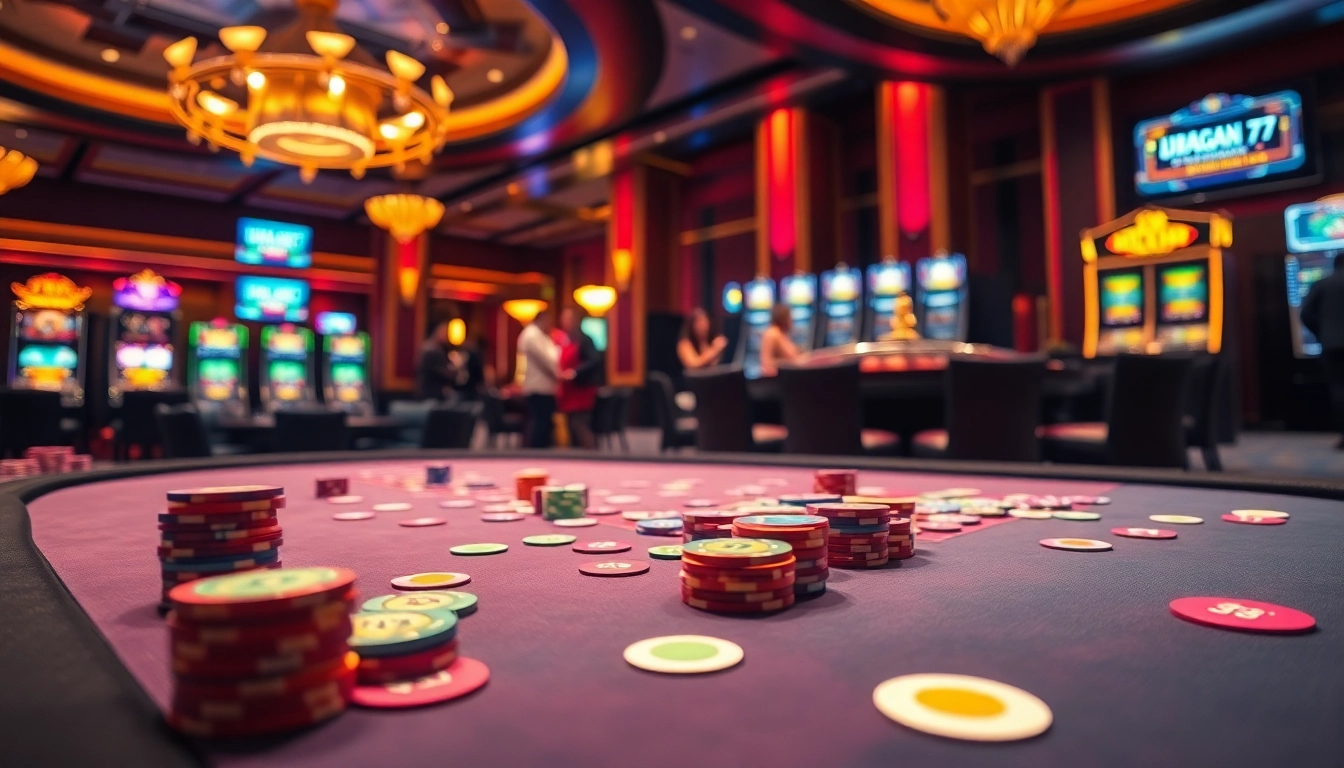 Experience the thrill of gaming at juragan77 with colorful poker chips and an exciting casino atmosphere.