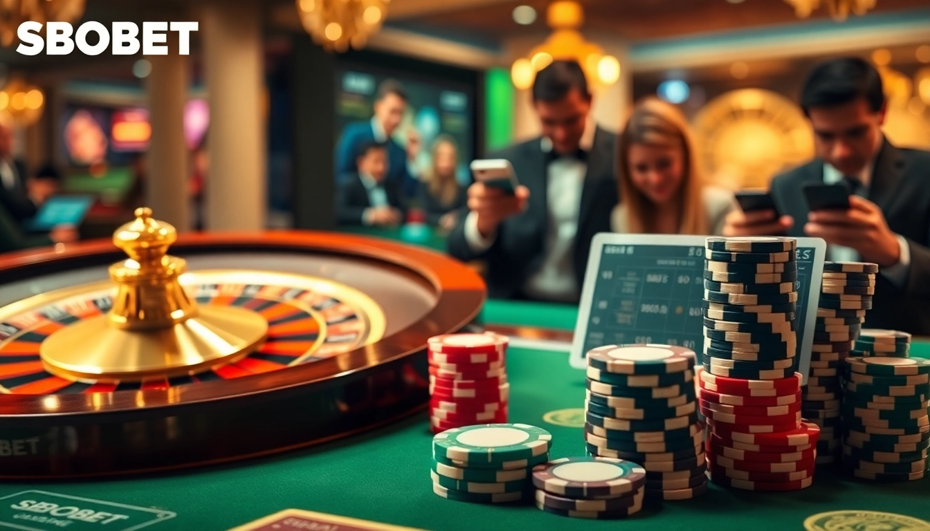 SBOBET betting scene with poker chips and roulette wheel, showcasing online gambling excitement.