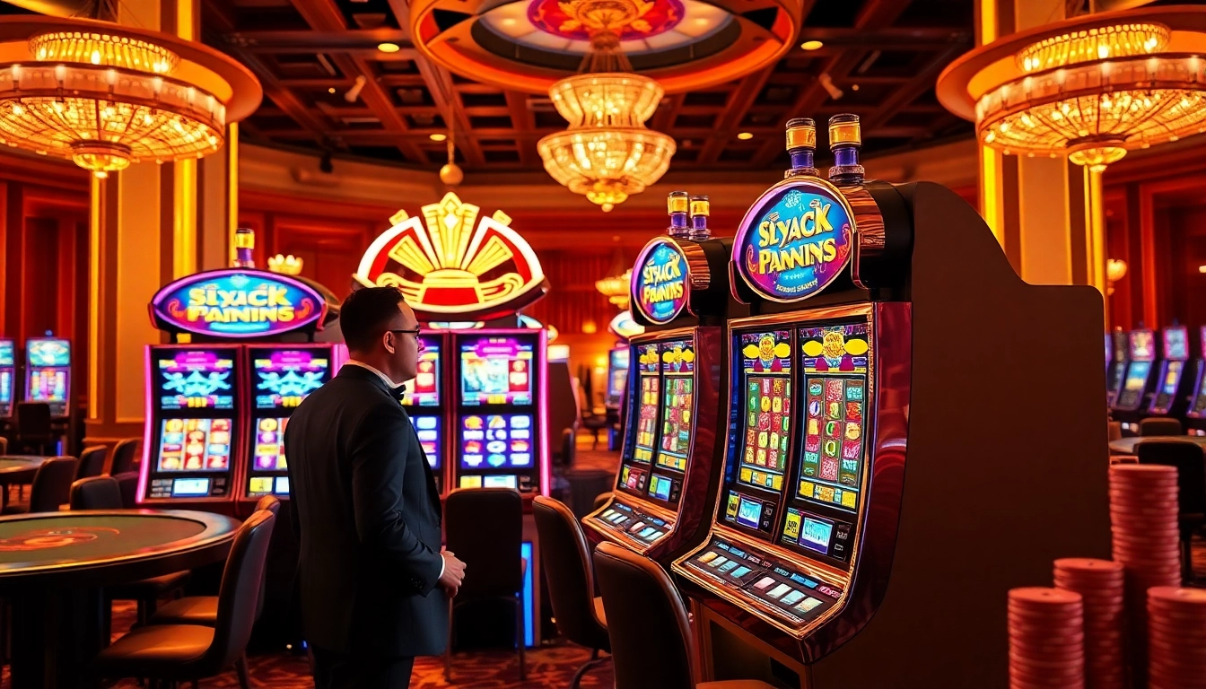 Pemain menang besar di mesin slot dalam pengaturan kasino mewah yang berwarna-warni dengan lampu yang menakjubkan.