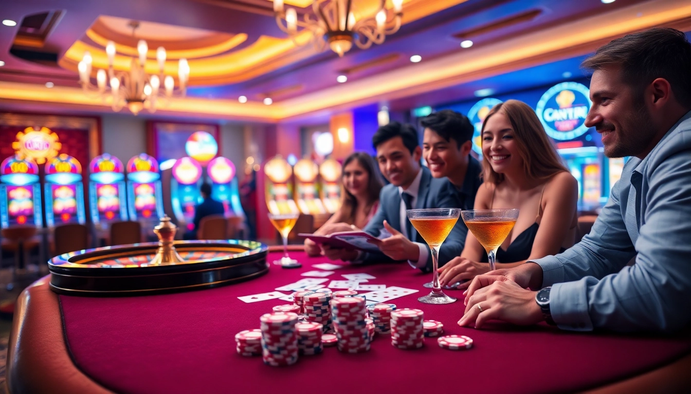 Situs11 enthusiasts enjoying an exciting casino atmosphere at a poker table with vibrant slot machines.