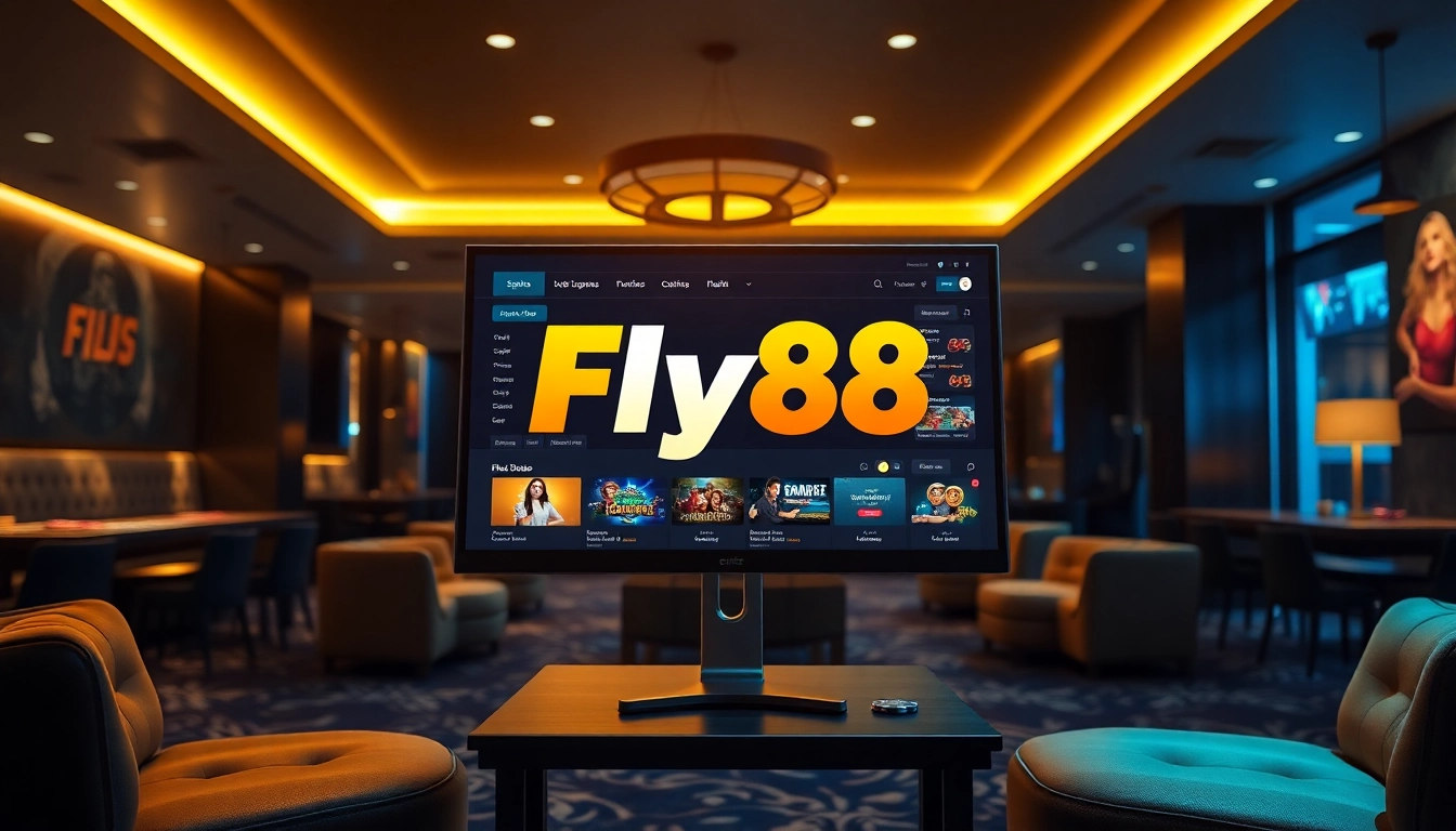 Fly88 online gaming platform interface showcasing casino games and sports betting with a luxurious ambiance.