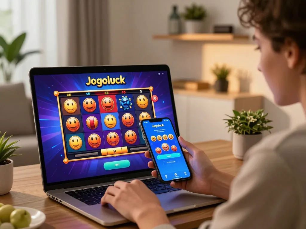 Player enjoying a winning moment on the Jogoluck mobile app in a cozy home environment.