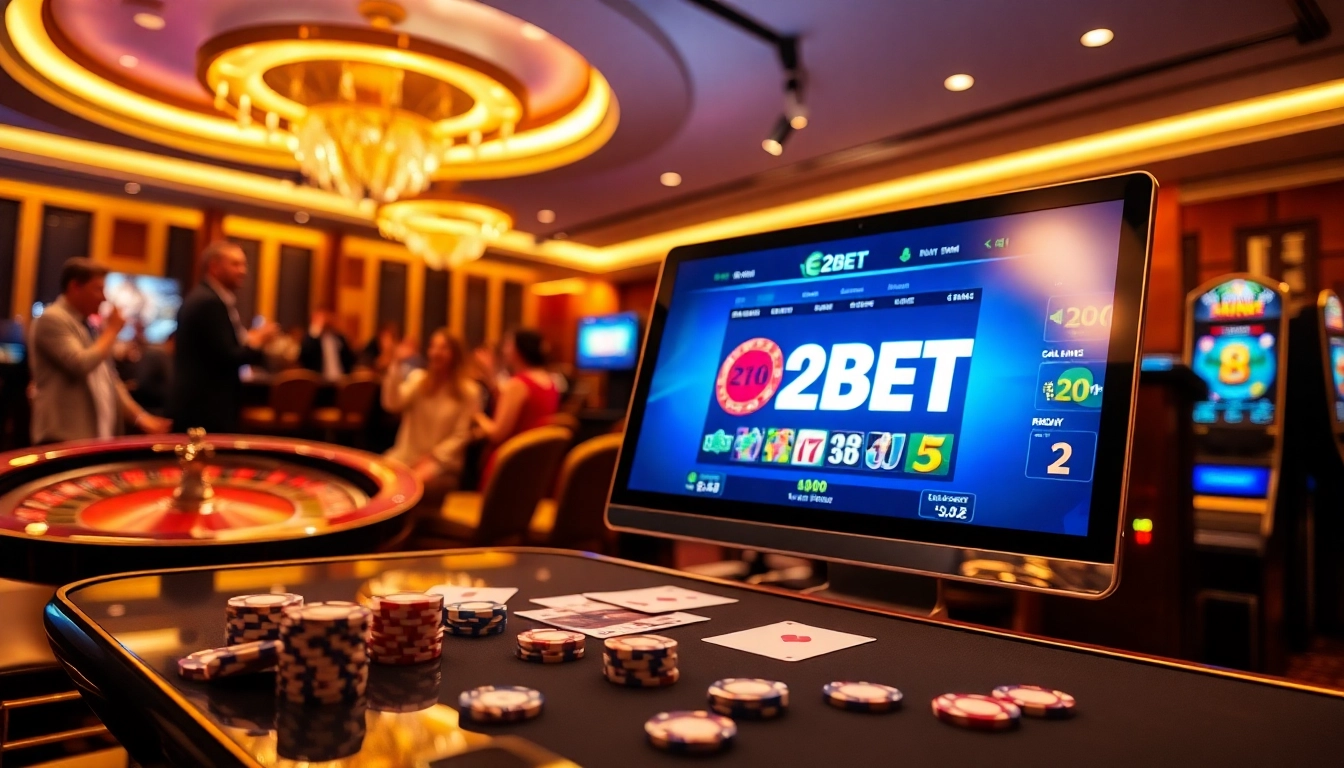 Experience the excitement of the E2BET game with vibrant tables, cards, and slot machines.