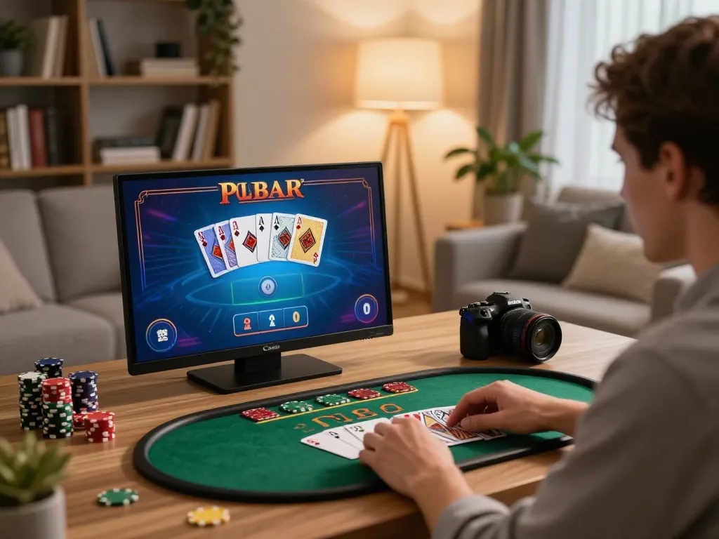 Player engaging in a strategic online blackjack game on bk33 platform in a cozy home setting