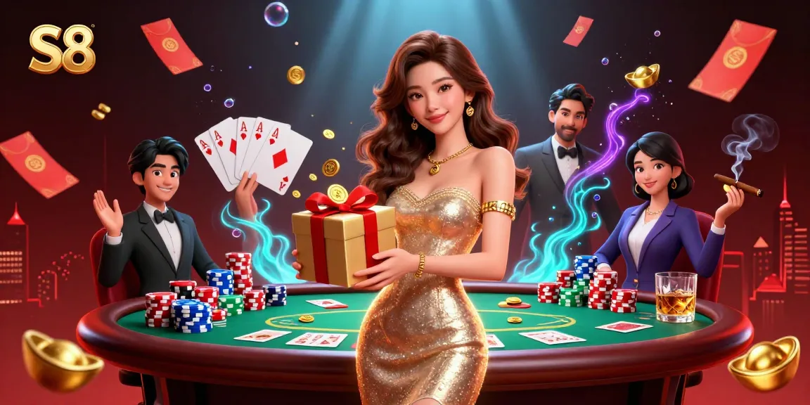 S8 promotes excitement with a stunning woman in casino scenes surrounded by poker elements and festive decor.