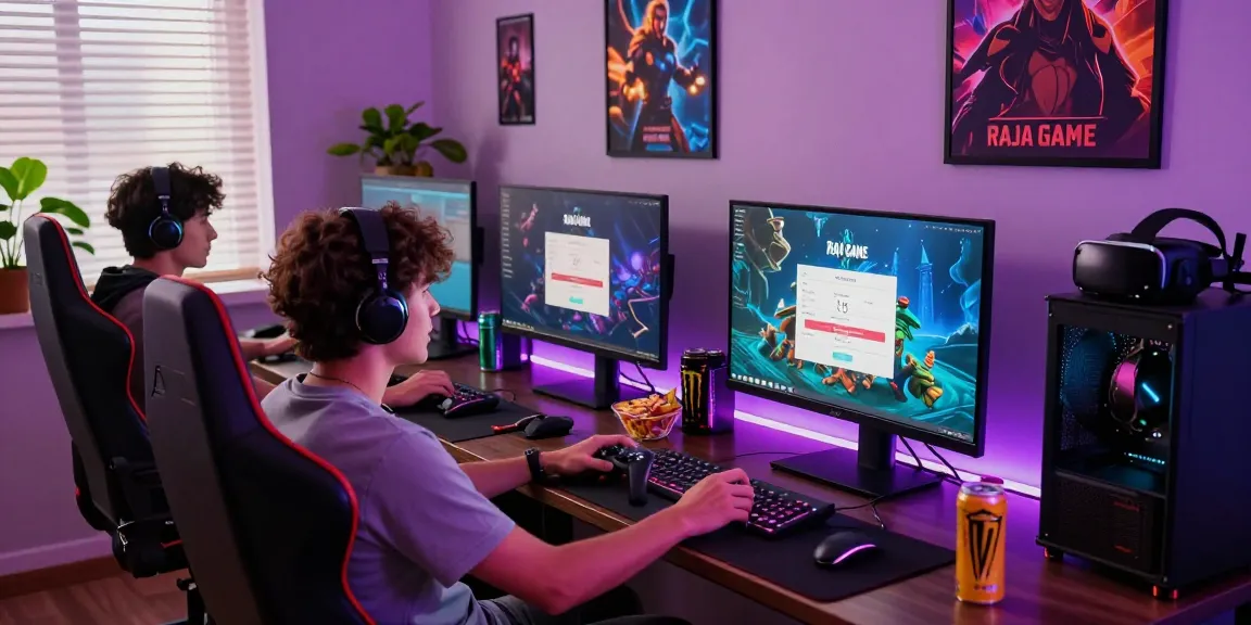Gamer logging into Raja Game with multiple screens and vibrant setup.